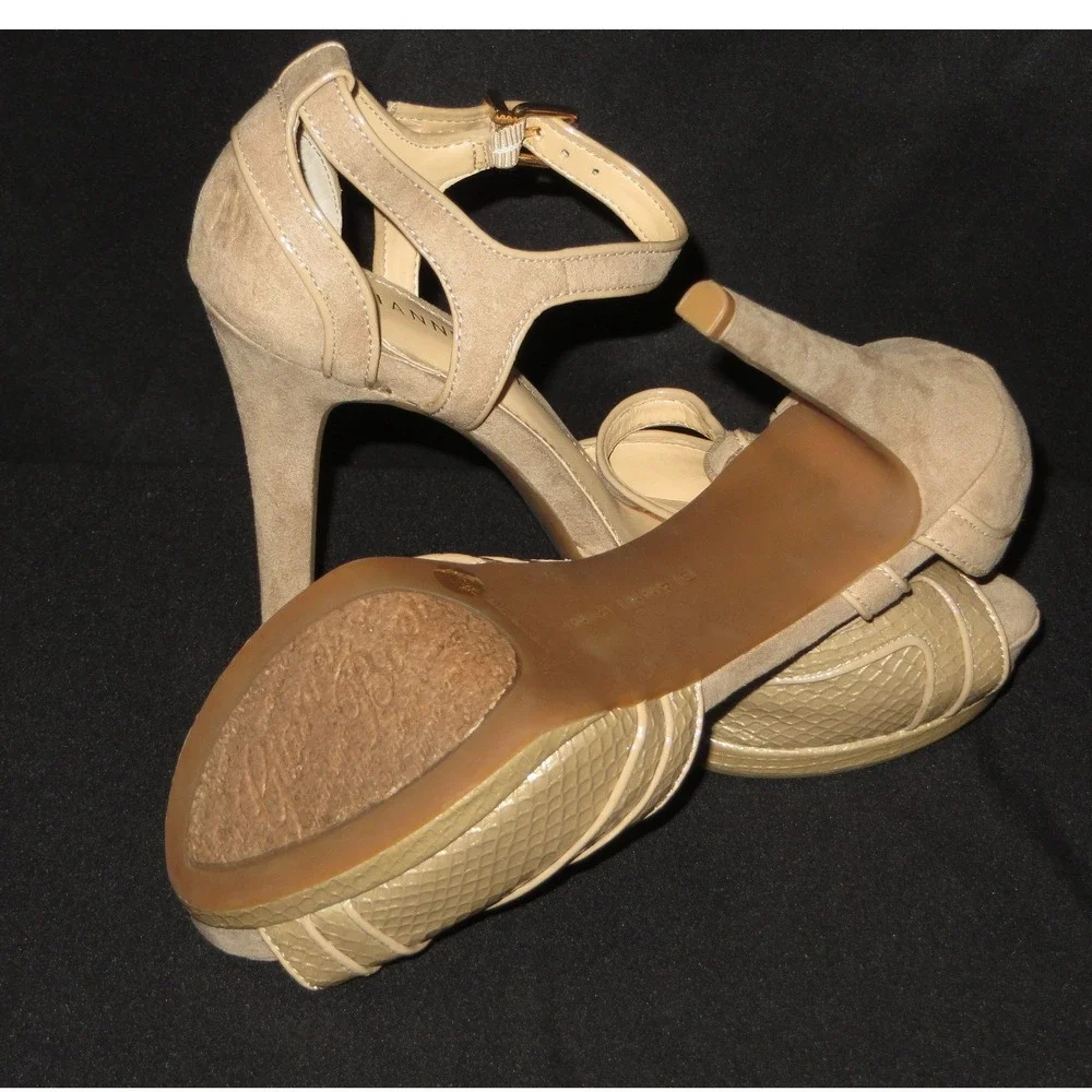 Gianni Bini Tan Suede Snakeskin Embossed Platform Stiletto Sandals Gold 6.5M - Picture 9 of 10